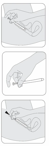 Three line drawings show a hand holding a syringe to prepare and then inject the medication into the upper thigh