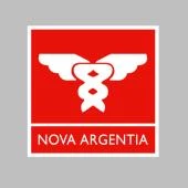 Красный логотип с белым символом посоха Асклепия с крыльями и надписью NOVA ARGENTIA белыми прописными буквами внизу