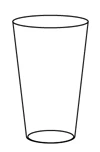Disegno lineare in bianco e nero di un bicchiere vuoto con forma conica e base circolare leggermente più stretta rispetto all'apertura superiore