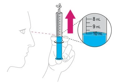 Diagramma che mostra una mano che tiene una siringa con liquido blu e un ingrandimento che indica il livello del dosaggio tra 8 e 10 ml