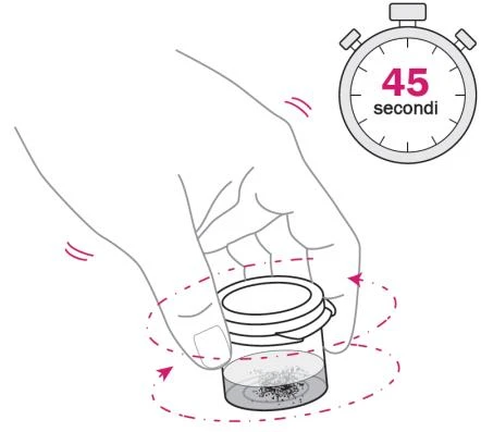 Disegno di una mano che ruota un piccolo flacone di vetro con frecce tratteggiate e un cronometro con la scritta 45 secondi