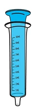 Siringa azzurra con scala graduata da 1 ml a 10 ml e corpo cilindrico con stantuffo e base stretta su sfondo bianco