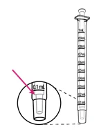 Disegno tecnico di una siringa graduata con scala millimetrica e un ingrandimento circolare che mostra il dettaglio della tacca 0,1 ml indicata da una freccia rosa