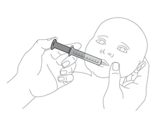 Disegno lineare di due mani che utilizzano una siringa per somministrare un farmaco nella bocca di un bambino stilizzato