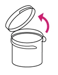 Disegno lineare di un contenitore cilindrico con un coperchio che si solleva verso l'alto indicato da una freccia curva color magenta