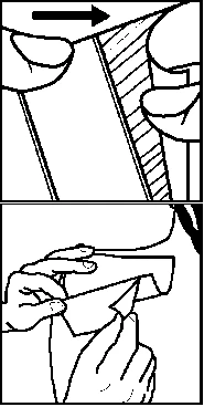 Medical diagram showing a black arrow above an arm and two hands folding a white sheet of paper