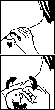 Two-part medical drawing showing a hand applying a bandage to the skin and a curved arrow indicating a rotational movement