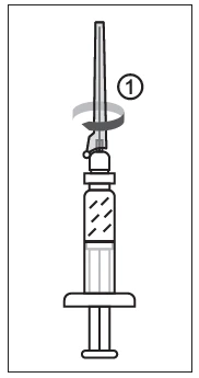 Technical diagram of a syringe with a circular arrow indicating clockwise rotation