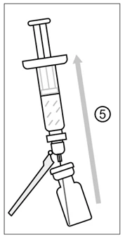 Technical drawing of a syringe with needle being inserted into a glass vial with a gray arrow pointing towards it