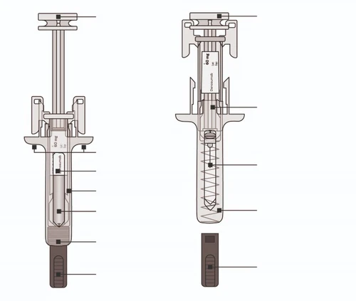Technical diagram of a pre-filled syringe with Denosumab 60 mg showing the various components and parts of the medical device