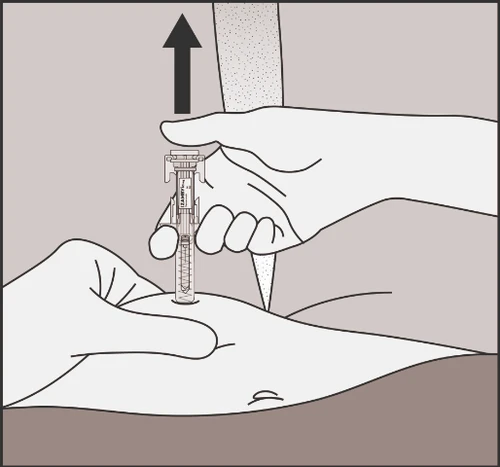 Two hands holding an injection pen applied to the skin with a black arrow pointing downward