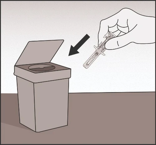 A hand inserting a syringe into a sharps disposal container indicated by a black arrow