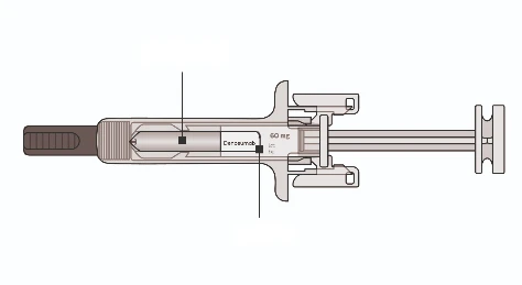 Technical drawing of a horizontal pre-filled syringe labeled Denosumab 60 mg with vertical black indicator lines