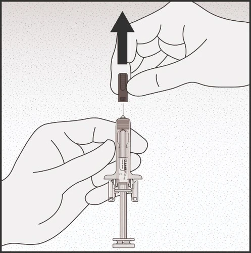Two hands handling a syringe with needle while an upper hand lifts it toward the