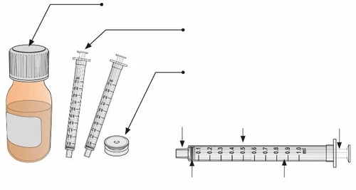 Diagramma medico con flaconcino di liquido, due siringhe con ago, un tappo circolare e una siringa orizzontale con scala graduata in millilitri