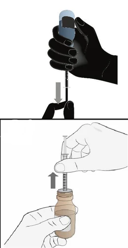 Due illustrazioni mostrano mani che impugnano una siringa per prelevare o iniettare un liquido da un flacone medico con frecce direzionali
