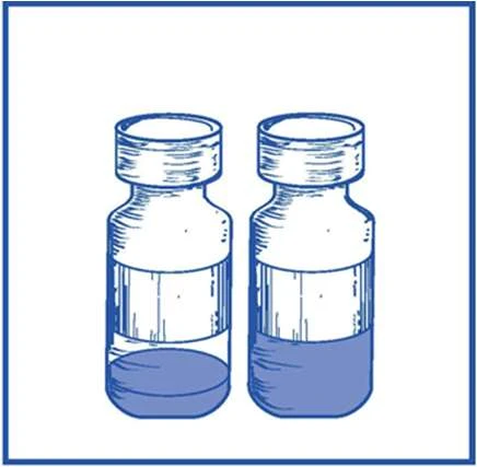 Technical blue drawing of two identical glass vials with screw caps and partially filled with liquid, on a white background