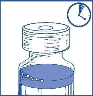 Blue technical drawing of a medication vial containing liquid