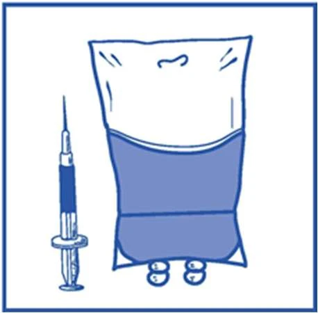 Blue schematic drawing on white background of a syringe with needle next to an infusion bag containing liquid