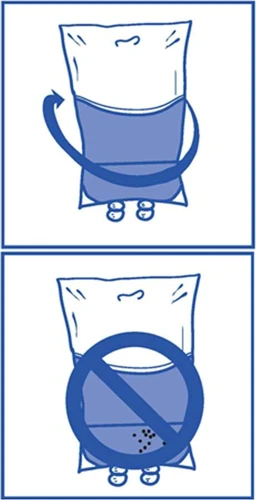 Medical diagram showing a bag with a blue circular arrow and a second bag with a prohibition sign over the dark portion