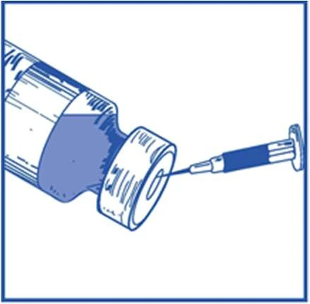 Blue illustration of a syringe needle piercing through the rubber stopper of a medication vial to withdraw the liquid