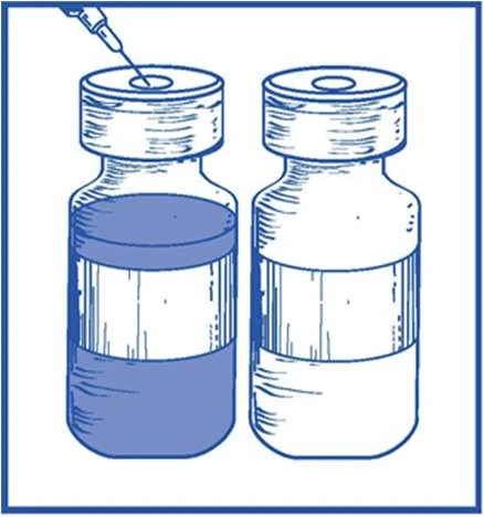 Blue technical drawing of two medication vials, one filled with dark liquid and one empty, with a syringe needle piercing the first vial