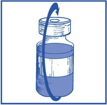 Stylized blue drawing of a medication vial with a curved arrow indicating rotational movement for