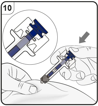 Hands holding a syringe with dark liquid to inject medication into the skin, with a close-up detail of the blue plunger