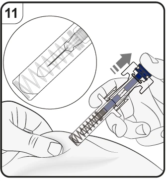 Hands holding a syringe to inject medication under the skin with an enlarged detail of the