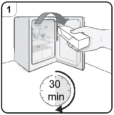 A hand removing a box from an open refrigerator with a curved arrow above and a clock indicating a 30-minute waiting time