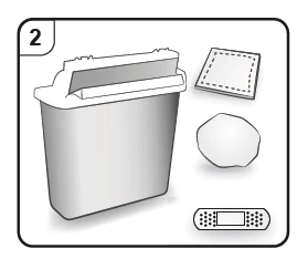 Medical waste container, a square tissue, a cotton ball, and a dotted adhesive bandage on a white background