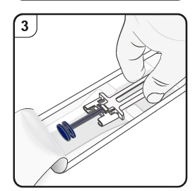 A hand removing a syringe-like medical device from a transparent plastic wrapper with the number 3 in the top left corner