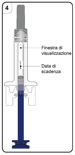 Diagram of a syringe indicating the liquid viewing window and the position of the expiration date on the device body