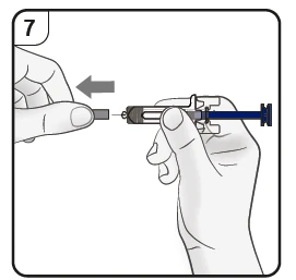 Two hands separating a protective cap from a syringe with a gray arrow indicating movement to the left