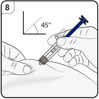 A hand holding a syringe at a 45-degree angle to inject medication into the skin with an angular diagram in the top left corner