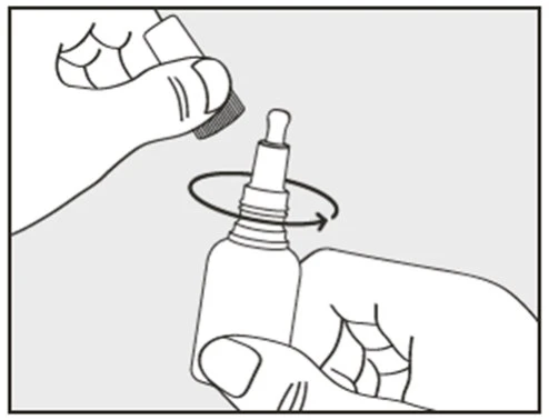 Two hands rotating the cap of a medical bottle with a circular arrow indicating the rotational movement required to open it