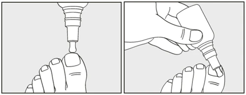 Two-part illustration showing a hand applying a drop of product directly onto the