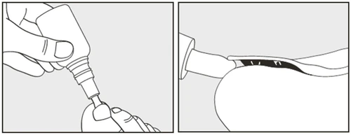 Technical drawing showing a hand dispensing liquid drops from a bottle onto a fingertip, and a second panel showing the fingertip touching a surface