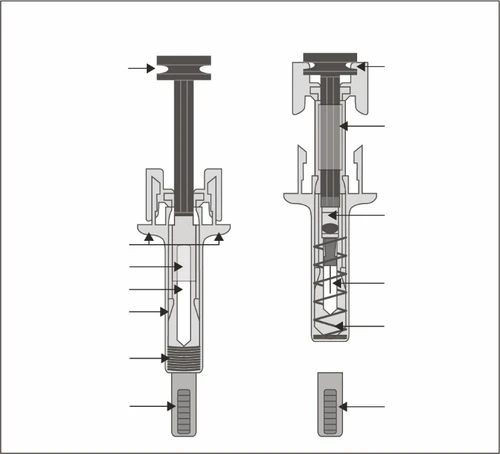 Black and white technical diagram showing a cross-section of a medical device with internal components and indicator arrows