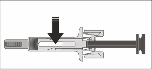 Technical diagram of a syringe with a black arrow pointing downward indicating the direction of plunger pressure