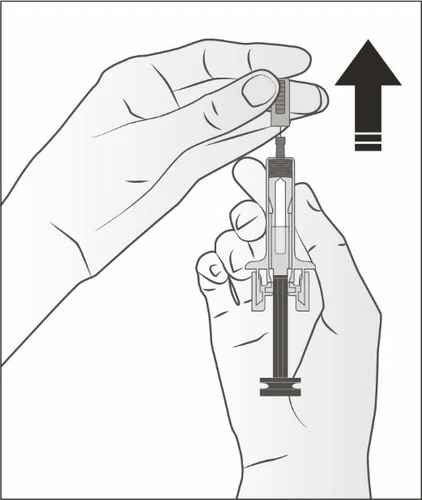 Two hands holding a syringe with a needle and a black arrow pointing toward the