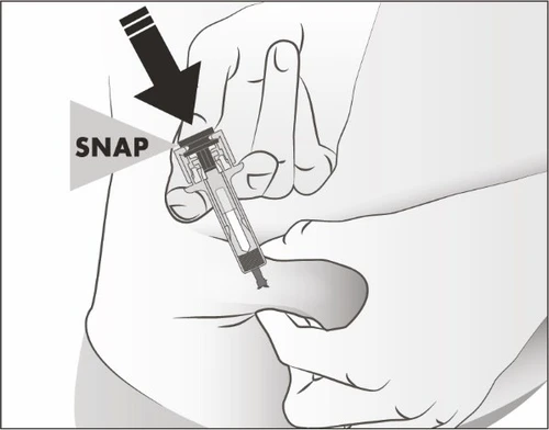 Technical drawing showing a hand firmly pressing the top of an injection pen against the skin with an arrow and the word SNAP