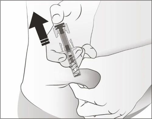 Black and white drawing showing a hand holding an injection pen toward the