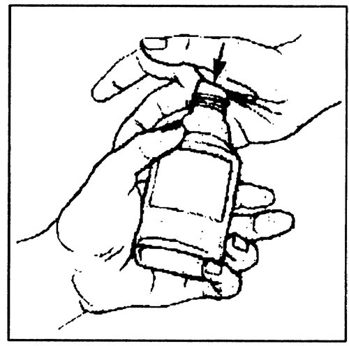 Two hands firmly hold a small medicine vial while an arrow indicates the point where to remove the top cap