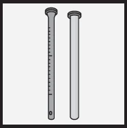 Technical drawing of two vertical syringes on a gray background, one with a graduated scale and the