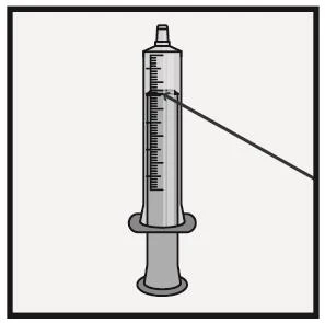 Technical drawing of a vertical syringe with a graduated scale and a black line indicating a specific measurement on the barrel
