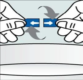 Dos manos sujetando dos partes de un dispositivo azul, con flechas grises que indican el movimiento de separación hacia afuera
