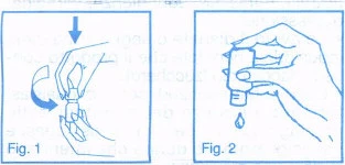 Due disegni blu mostrano mani che aprono una fiala e una mano che la tiene capovolta per far cadere una goccia di liquido