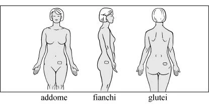 Tre disegni schematici di una figura femminile che mostrano il corpo da davanti, di profilo e di spalle con aree evidenziate su addome, fianchi e glutei