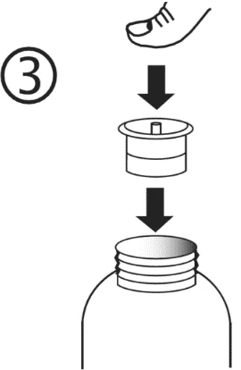 Diagramma con numero 3 che mostra una mano che preme un tappo verso il basso su un flacone attraverso due frecce nere verticali